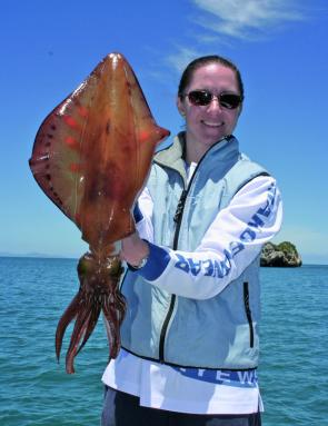 There are definite strategies for maximising your chances of catching big squid, like this one displayed by Lisa Miles.